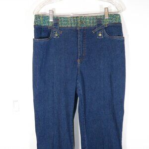 City Girl Nancy Bolen Bootcut Jeans Women's 14 Blue Embellished Tweed Waistband
